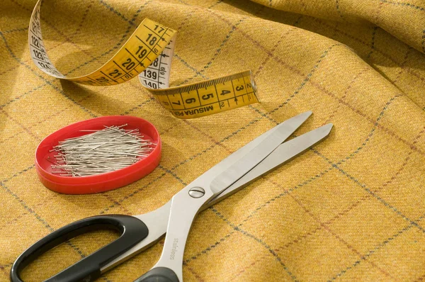 Piece Fabric Scissors Tape Measure Pins Tailor Table — Stock Photo, Image