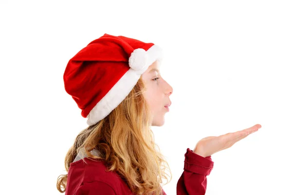 Blond Girl Santa Claus Cap Blowing Hand — Stock Photo, Image