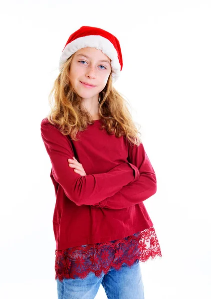 Blond Girl Santa Claus Cap Front White Background — Stock Photo, Image