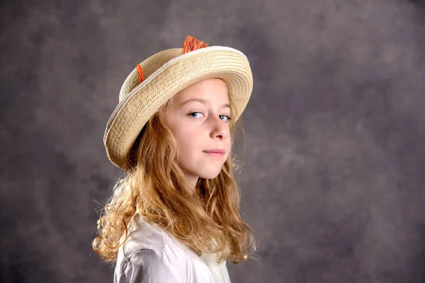 Nice Girl Blond Hair White Dress Straw Hat Looking Camera — Stock Photo, Image