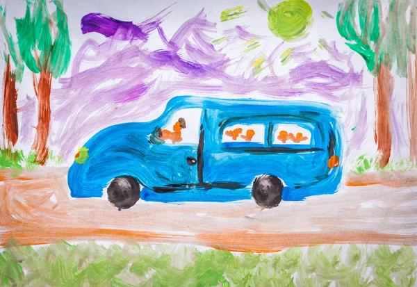 Handgjord Akvarell Målning Blå Skolbuss — Stockfoto