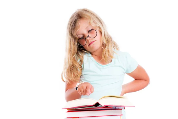 Dulce Chica Divertida Con Pila Libros Gafas Redondas — Foto de Stock