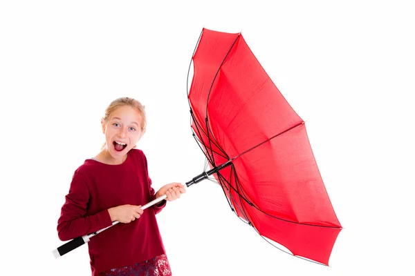 Riéndose Chica Rubia Con Paraguas Rojo Frente Fondo Blanco — Foto de Stock