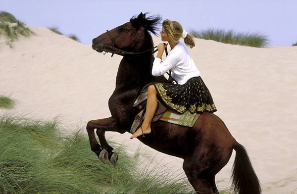 Una Giovane Donna Suo Cavallo Nel Deserto — Foto Stock