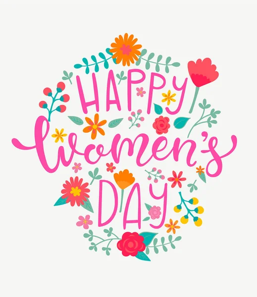 Щаслива Листівка Жіночого Дня Намальованим Написом Квітковій Рамці Векторна Ілюстрація — стокове фото