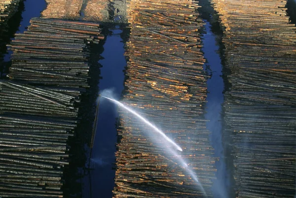 Watering logs to reduce heat buildup, sawmill, Idaho