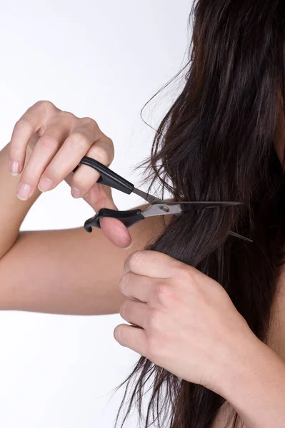 Hair Stylist Cutting Woman Face Scissors — Stock Photo, Image