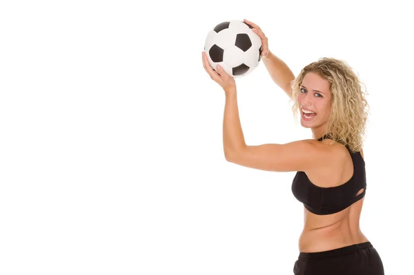 Junge Frau Mit Fußball Isoliert Auf Weiß — Stockfoto