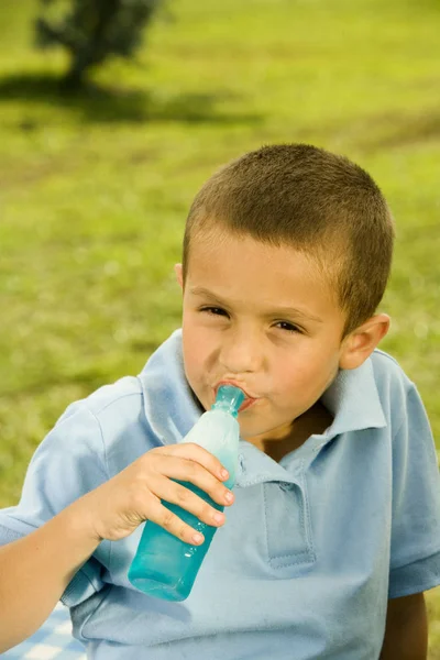 Portrait of a boy drinking beverage from a bottle