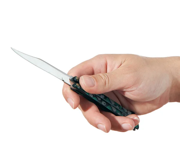 Main Tenant Couteau Sur Fond Blanc — Photo