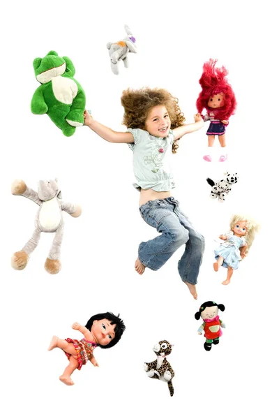 Little Girl Happy Surrounded Toys — Stock Photo, Image