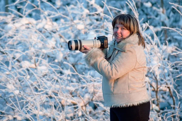 Feliz Mujer Mediana Edad Fotógrafo — Foto de Stock