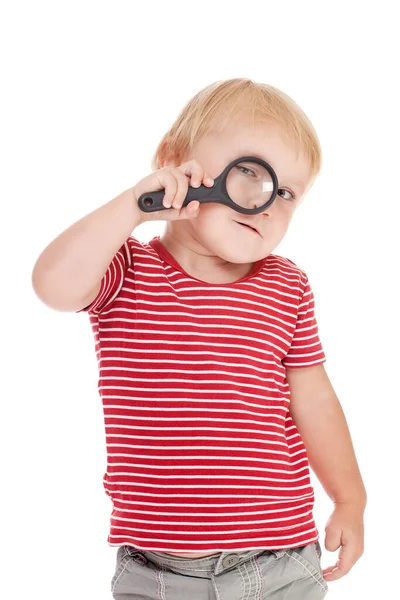 Pequena Criança Com Lupa Seu Olho — Fotografia de Stock