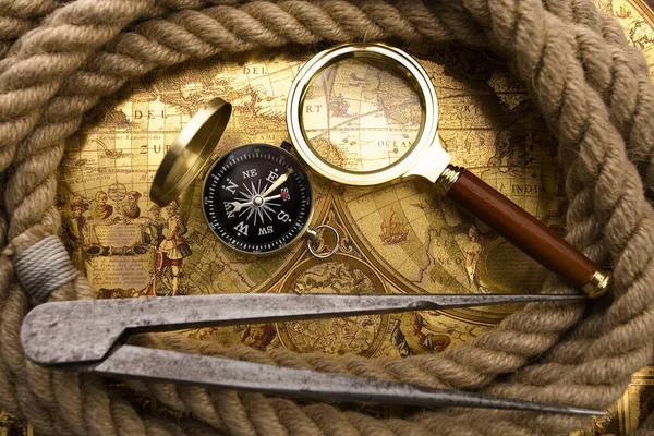 Old Map Compass Rope Wooden Background — Stock Photo, Image