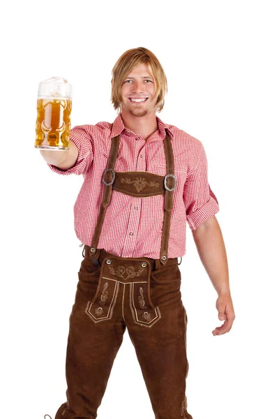 Uomo Con Pantaloni Pelle Birra — Foto Stock