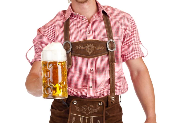 Uomo Con Tubo Flessibile Tiene Oktoberfest Tazza Birra — Foto Stock