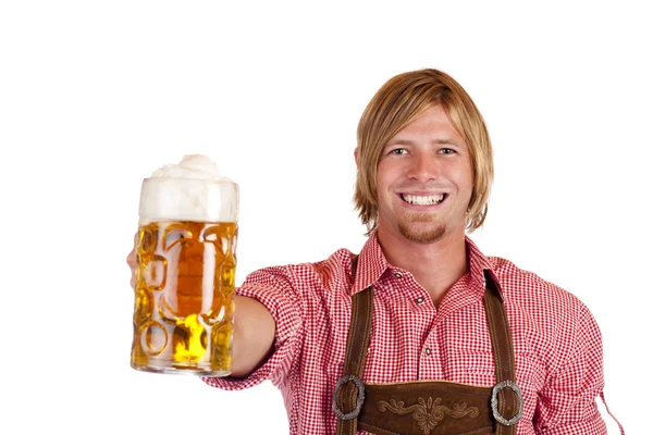 Lachende Man Met Oktoberfest Stein Van Bier — Stockfoto