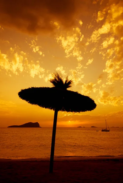 Paille Parasol Plage Coucher Soleil — Photo