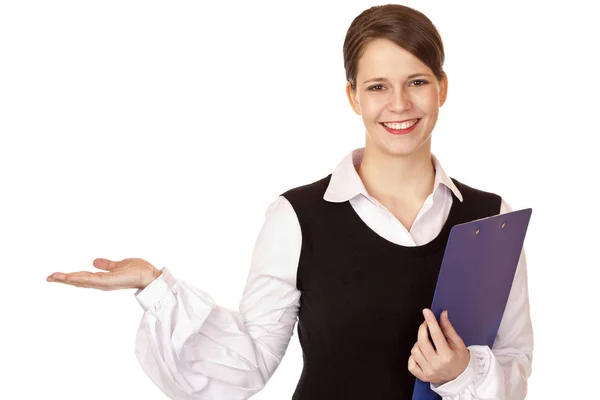 Woman Holds Open Palm Advertising — Stock Photo, Image