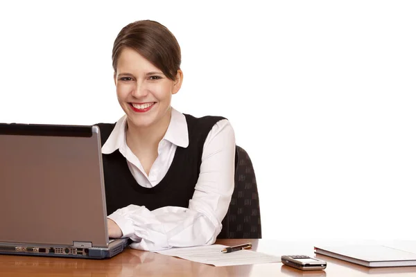 Kobieta Siedzi Szczęśliwy Biurze — Zdjęcie stockowe