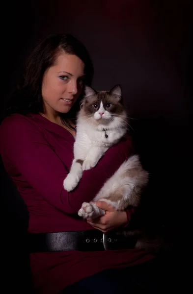 Retrato Mulher Com Gatinho — Fotografia de Stock