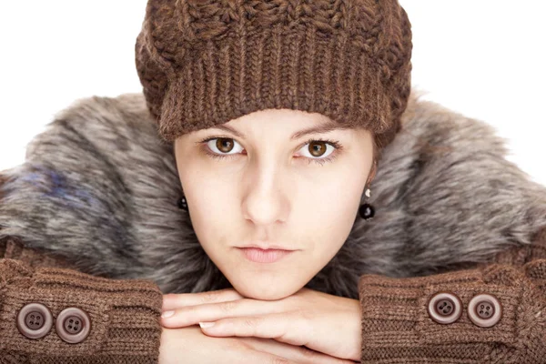 Beautiful Young Woman Sweater Cap Looks Serious — Stock Photo, Image