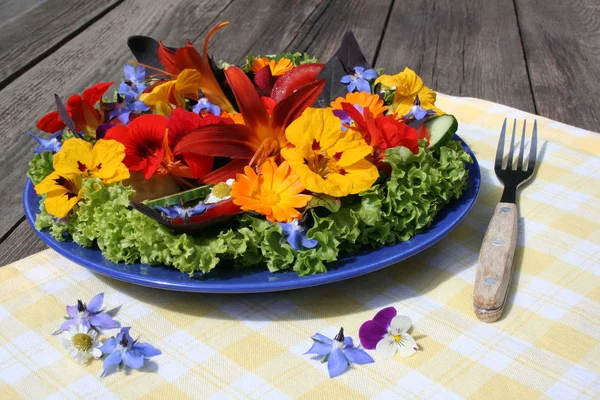 Placă Salată Flori Masă Lemn — Fotografie, imagine de stoc