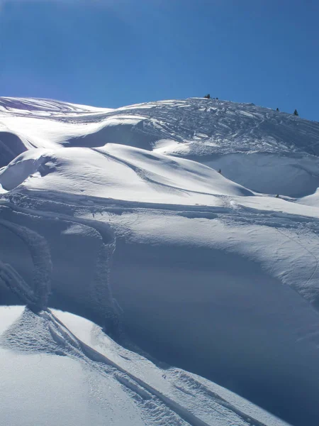 Poedersneeuw Skipistes Met Blauwe Luchten Rechtenvrije Stockfoto's