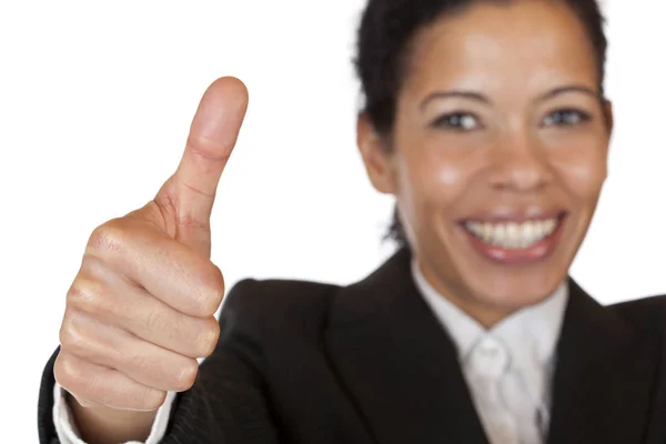 Śmiejąca Się Bizneswoman Pokazuje Kciuki — Zdjęcie stockowe