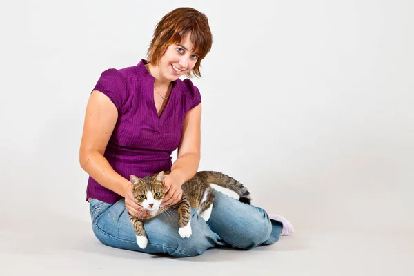 Young Woman Cat White Background — Stock Photo, Image