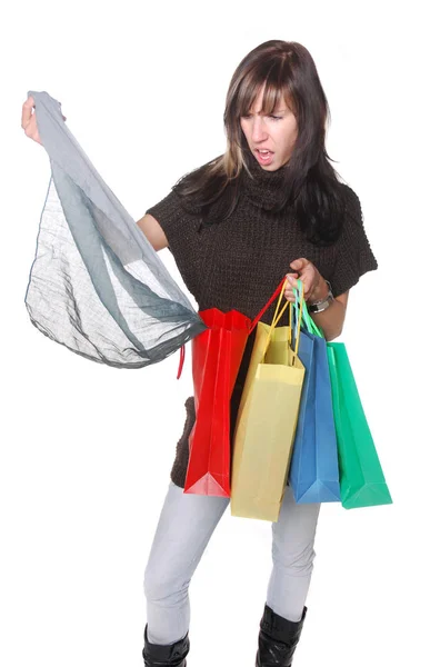 Jovem Com Sacos Compras Isolados Branco — Fotografia de Stock