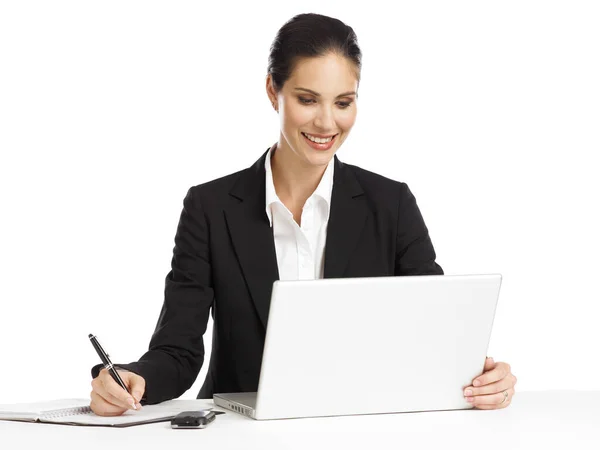 Mujer Negocios Que Trabaja Con Ordenador Portátil Blanco — Foto de Stock