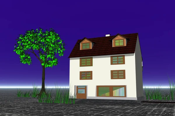 Illustration Eines Hauses Mit Gras Und Grünem Baum — Stockfoto