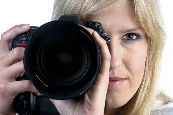 Vrouw Met Camera Witte Achtergrond — Stockfoto