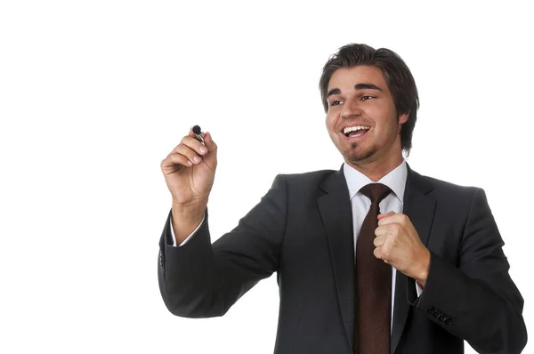 Jovem Empresário Com Marcador Escrito Telefone — Fotografia de Stock