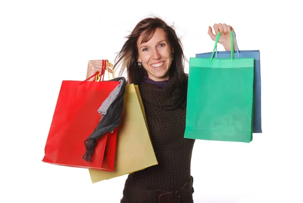 Mulher Feliz Com Sacos Compras Isolados Branco — Fotografia de Stock