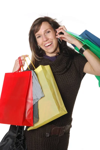 Gelukkige Vrouw Met Boodschappentassen Creditcard — Stockfoto
