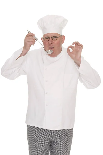 Chef Uniforme Avec Couteau Une Fourchette Isolé Sur Blanc — Photo