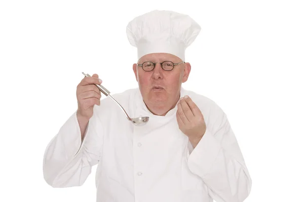 Chef Uniforme Avec Couteau Une Fourchette Isolés Sur Blanc — Photo
