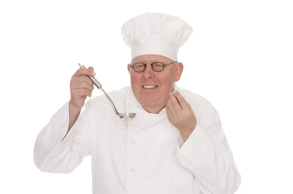 Chef Uniforme Avec Couteau Une Fourchette Isolés Sur Blanc — Photo