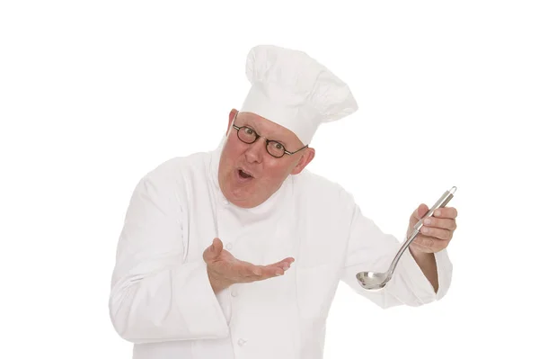 Chef Con Una Sartén Cuchillo Aislado Sobre Blanco — Foto de Stock