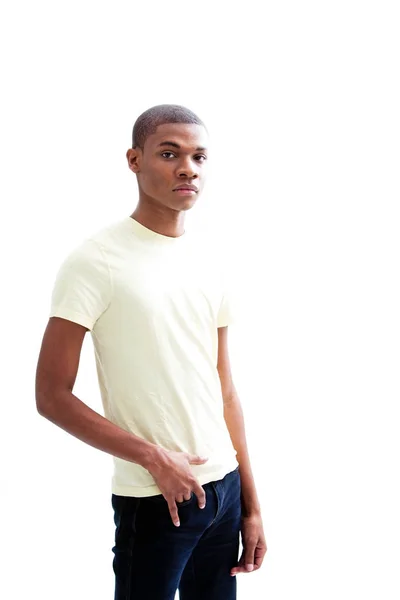 Jovem Bonito Homem Roupas Casuais Isolado Fundo Branco — Fotografia de Stock