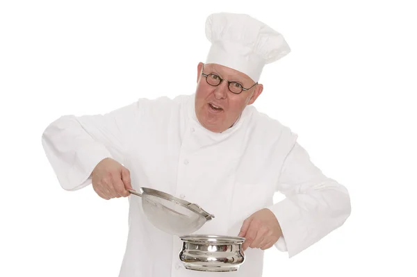 Šéfkuchař Uniformě Drží Pánev Izolované Bílém Pozadí — Stock fotografie