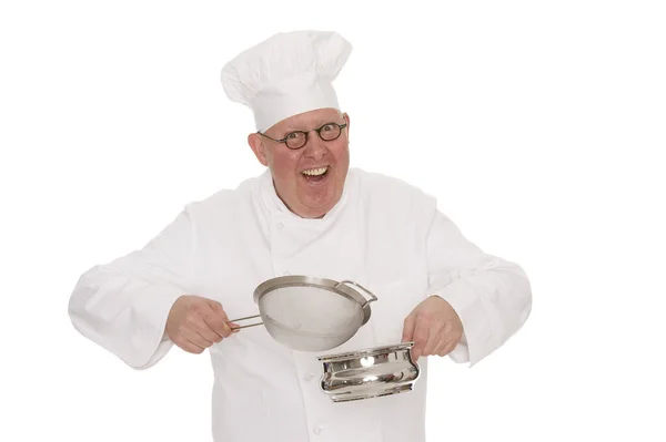 Retrato Chef Com Uma Panela Isolada Fundo Branco — Fotografia de Stock