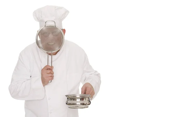 Chef Met Een Pan Geïsoleerd Witte Achtergrond — Stockfoto