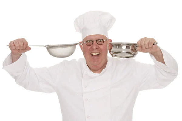 Chef Uniforme Tenant Une Casserole Souriant Isolé Sur Fond Blanc — Photo
