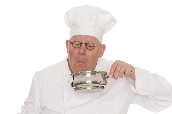 Chef Avec Une Casserole Chapeau Isolé Sur Blanc — Photo