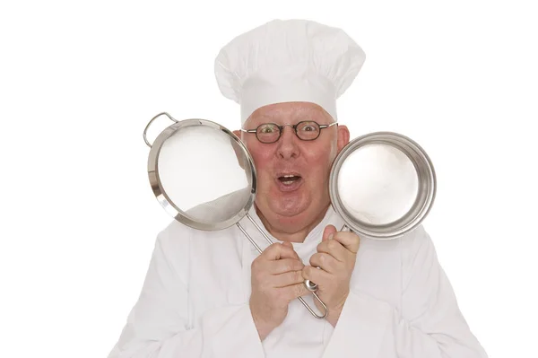 Portrait Young Chef Uniform Magnifying Glass — Stock Photo, Image