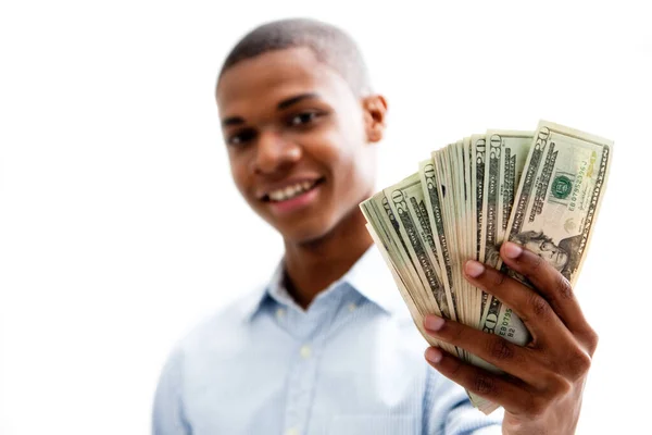 Lycklig Man Som Visar Pengar — Stockfoto