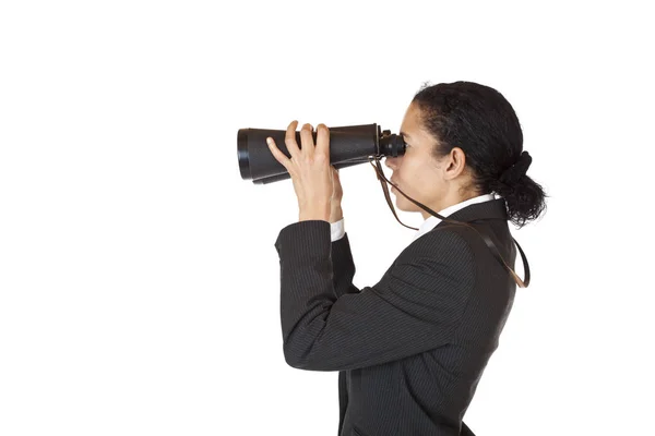 Frau Mit Fernglas Sucht Geschäft Der Zukunft — Stockfoto